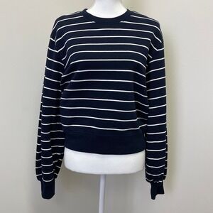NEW FRAME Navy White Striped Cotton Sweatshirt S Crewneck  Preppy Classic